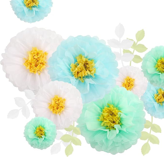 Fonder Mols Tissue Paper Chrysanth Flowers with Butterfly and Olive Leaves for Wedding Baby Shower Nursery Room Parties & Events Decorations Pom Poms (White Mint Baby Blue)