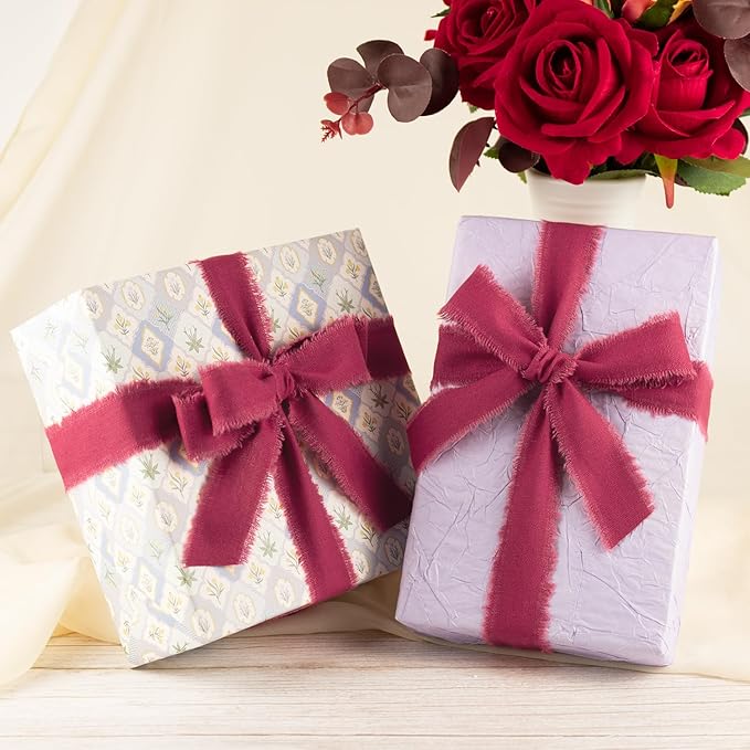 Burgundy Cotton Ribbon 1 Inch Burgundy 3 Rolls 21 Yards Frayed Edge Fabric Set for Wedding Decor, Bridal Bouquet Wrap, Anniversary Celebration, Gift Wrapping & Christmas Decor