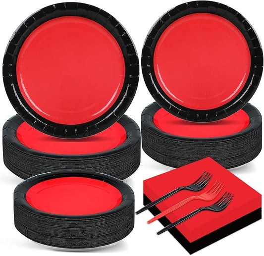 gisgfim 50 Guests Red and Black Party Supplies Decoration Black and Red Birthday Plates and Napkins Forks Red Black Disposable Tableware Red Birthday Party Paper Plates for Boys Girls Party 200PCS
