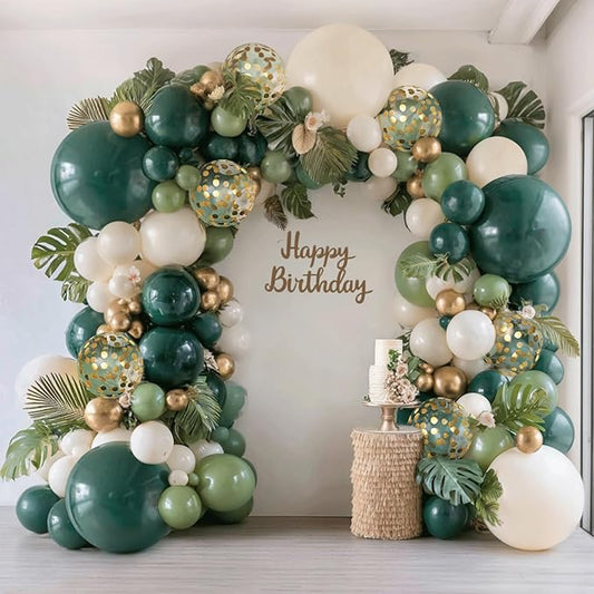 Emerald Green White Gold Balloons Arch Kit,Double Stuffed Dark Green Sage Dusty Olive Green Sand White Beige Chrome Gold Confetti Balloon for Birthday Graduation Wedding jungle Safari Party Decoration