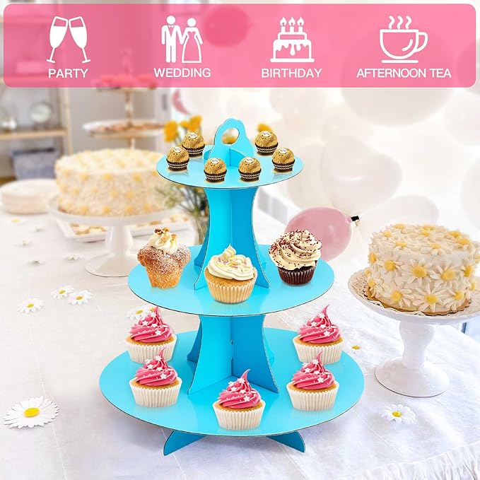 Soleebee 3-Tier Round Cupcake Stand, Cardboard Cupcake Tower, Dessert Cup Cake Stand Tower for Birthday Wedding Party Decoration, Cupcake Tier Stand 2 Set (Blue)
