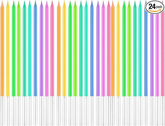 by Tugba Aydan - Rainbow Birthday Candles - 24 Count Long Thin Rainbow Birthday Candles for Cake, Metallic Cake Candle for Birthday, Party Candles