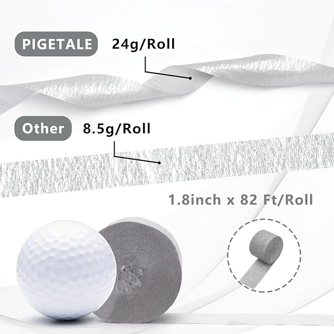 PIGETALE Crepe Paper Streamers 4 Rolls 328ft, Pack of Silver Party Streamers for Wedding Birthday Baby Shower Party Decorations Supplies DIY Art Crafts Hanging Banner Décor (1.8Inch x 82Ft/Roll)