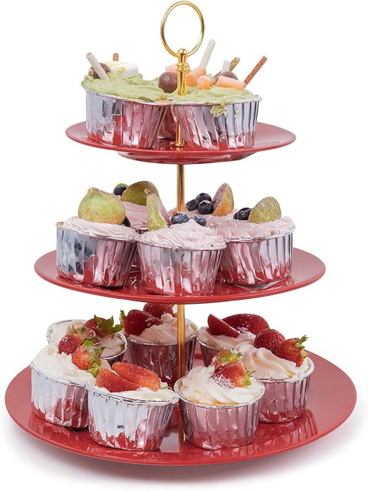 TP 3-Tier Cupcake Stand Melamine Serving Tray Unbreakable Dessert Stand Fruit Candy Display Tower for Wedding Birthday Tea Party and Baby Shower, Red