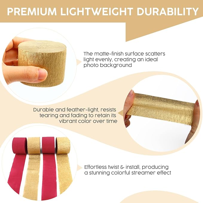 4 Rolls Crepe Paper Gold Burgundy Streamers – Perfect for Streamers Party Decorations, Wedding, Birthday, Colored Decor, and DIY Craft Supplies(1.8 Inch x 82 Ft/Roll)