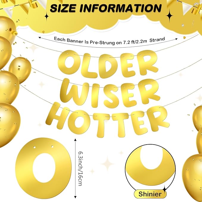 Fulmoon Set of 3 Pre Strung Older Wiser Hotter Glitter Banner Funny Birthday Banner for Women 30th 40th 50th 60th 70th 80th Birthday Party Decorations Sign Gift(Bright Gold)