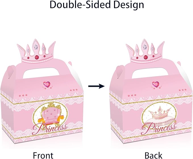 12 Pcs Princess Castle Party Favor Boxes, Little Princess Crown Theme Birthday Party Gift Box, Premium Cardboard Containers with Crown Castle Carriage Prints for Birthday Celebrations