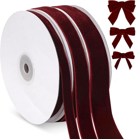 Vintage Burgundy Velvet Ribbon, 3 Rolls Thin Maroon Velvet Ribbon for Gift Wrapping, Wine Christmas Ribbons for Christmas Tree Ornaments, Holiday Decor, Wreaths, 3/8, 5/8, 1 inch Wide, 30 Yards Total
