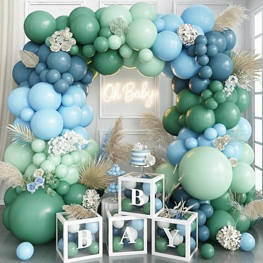 Dusty Slate Blue and Green Garland Balloon Arch Kit, 118pcs Baby Blue Green Party Balloons Balloons for Boys Baby Shower Jungle Woodland Ocean Beach Under The Sea One 1st Birthday Party Decorations