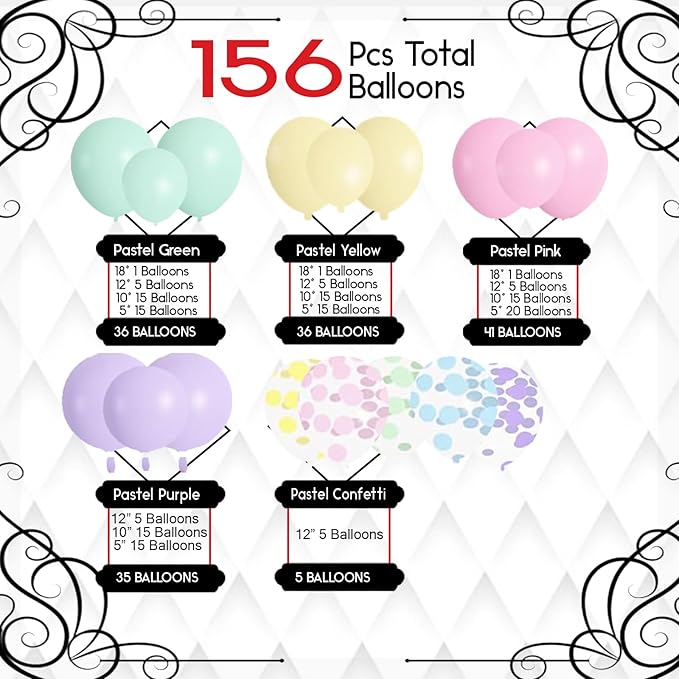 Archloon 156pcs Pastel Balloons Garland Arch Kit, Different Sizes 18 12 10 5inch Pastel Pink Yellow Green Purple Confetti Balloons for Spring Baby Shower Wedding Wildflower Birthday Party Decorations