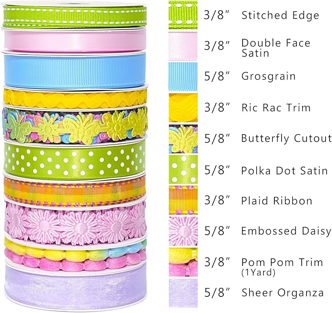 LaRibbons Spring Ribbon Set, Pastel Easter Craft Ribbons with Floral, Polka Dot & Gingham, Ideal for Gift Wrapping, Hair Bows, Spring Decor, DIY Crafts 46 Yards