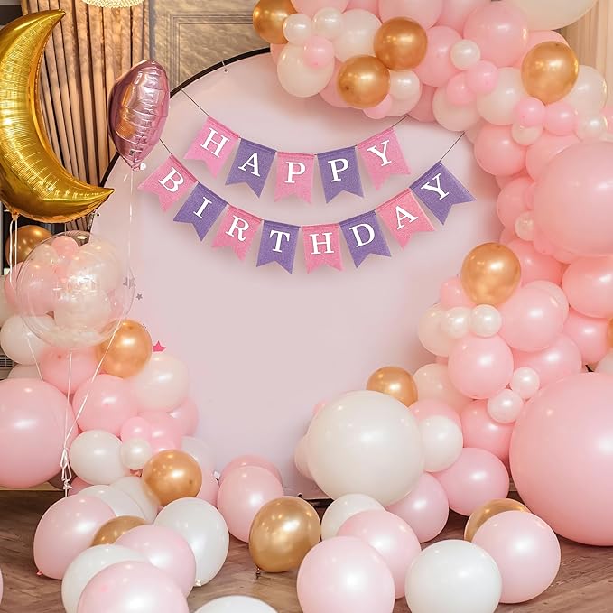 Pre-Strung Pink and Purple Happy Birthday Banner, No DIY Burlap Banner, Colorful Party Decorations for Girls, Reusable Fabric, Ready to Hang Birthday Decor