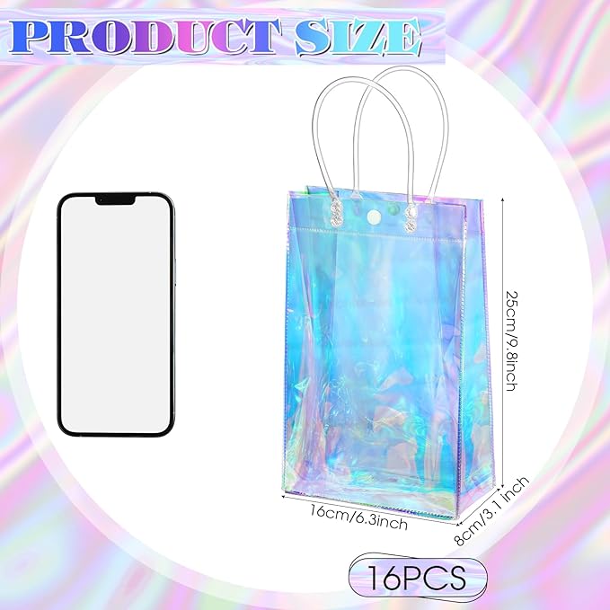 Sherr 16 Pcs Holographic Small Gift Bag Reusable Iridescent Clear Bags for Women PVC Plastic Goodie Holder with Handles for Shopping Christmas Holiday Party Favor(6.3" x 9.84" x 3.15",Rainbow)