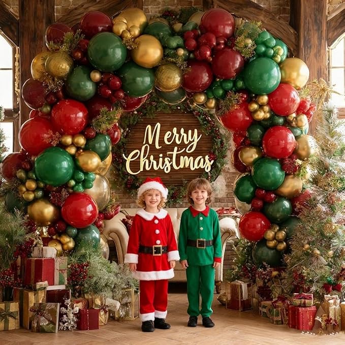 Christmas Balloon Garland, Double Stuffed Dark Emerald Green Red Balloons Burgundy Gold Balloon Garland Kit for Christmas New Year Holiday Birthday Baby Shower Xmas Party Decorations