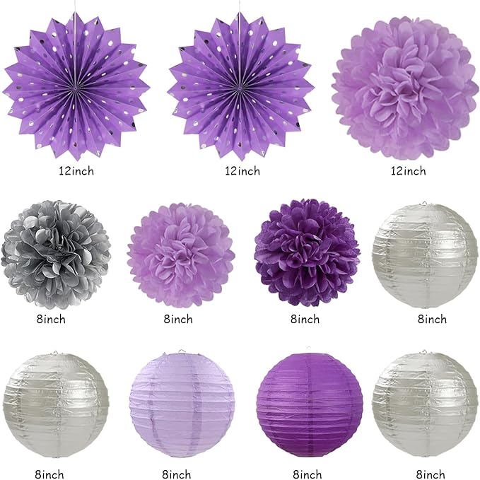Purple Lilac-Lavender Silver Women Birthday Party-Decorations - 21pc Happy Banner,Paper Lanterns Streamers,Tissue Pom Poms Honeycomb Flower Fan, Girls Hanging Decor Supplies Garland Backdrop Huglony