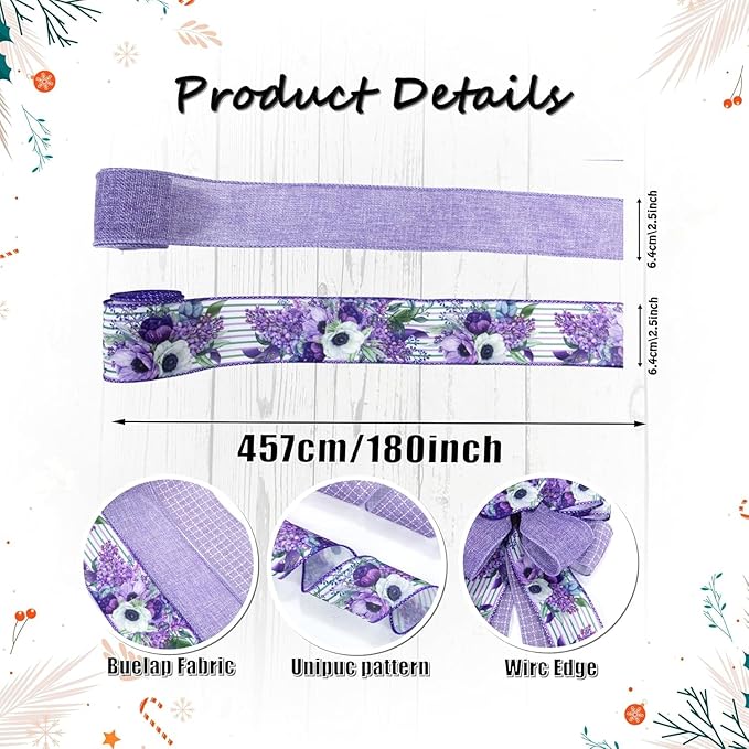 Spring Summer Purple Floral Wired Ribbon, 2.5 InchX 15 Yards Burlap Ribbon for Wreath, Bows, Gift Wrapping, Mother's Day, Wedding & DIY Craft (Purple)