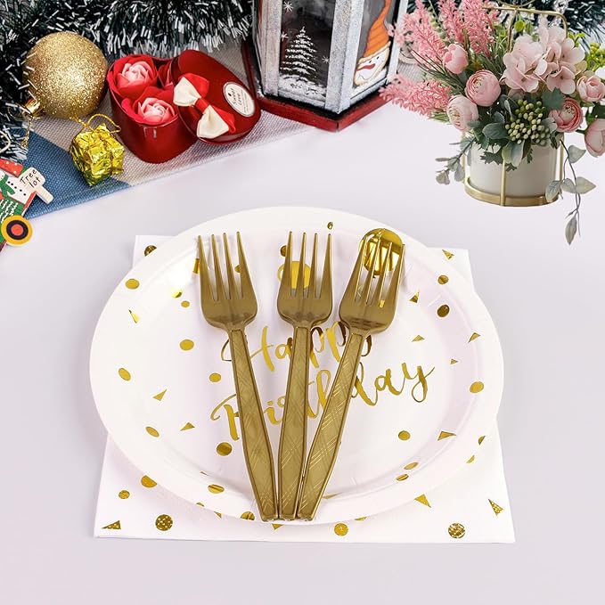 96PCS Happy Birthday Plates and Napkins Party Supplies, White and Gold Disposable Paper Plates and Napkins with Forks Tableware Set for Birthday Party Decorations 24 Guests (Birthday White)