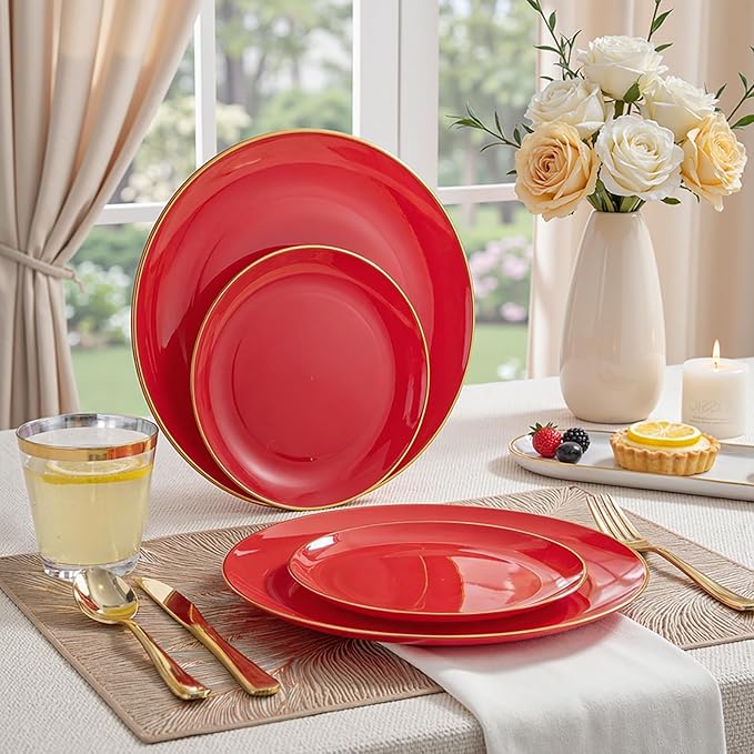 WDF 150Pcs Red Plastic Plates - Red Plates Disposable - 25Guest Dinnerware Include 25 Dinner Plate, 25 Dessert Plate, 75 Cutlery & 25 9oz Cups for Wedding/Birthday/Bridal Shower