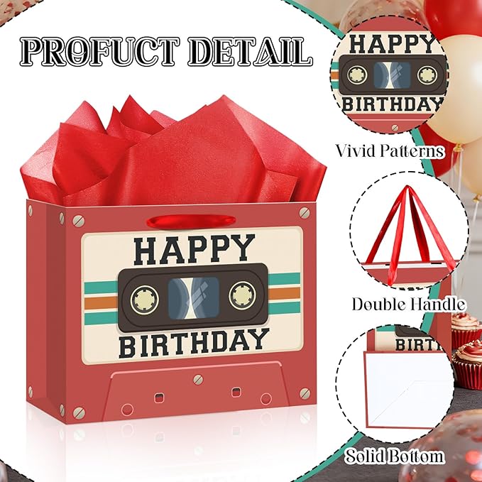 Tape Cassette Birthday Gift Bag Red Retro Tape Birthday Party Favor Bags with Tissue Paper and Greeting Card Vintage Mixtape Gift Wrapping Paper Bag for Men Women 50s 60s 70s 80s 90s Music Bday Gifts