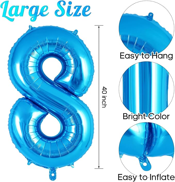 Blue Number 8 Balloon 40 Inch, Big Large Foil Helium Number Balloons, Jumbo Giant Mylar Number 8 Balloons for 8 Year Old Birthday Party Decorations Supplies Anniversary Celebration