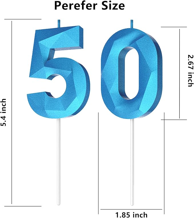 Number Birthday Candles(50 Candle Blue) 3D Diamond Shape Number Happy Birthday Cake Candles for Birthday Party Wedding Decoration Reunions Theme Party