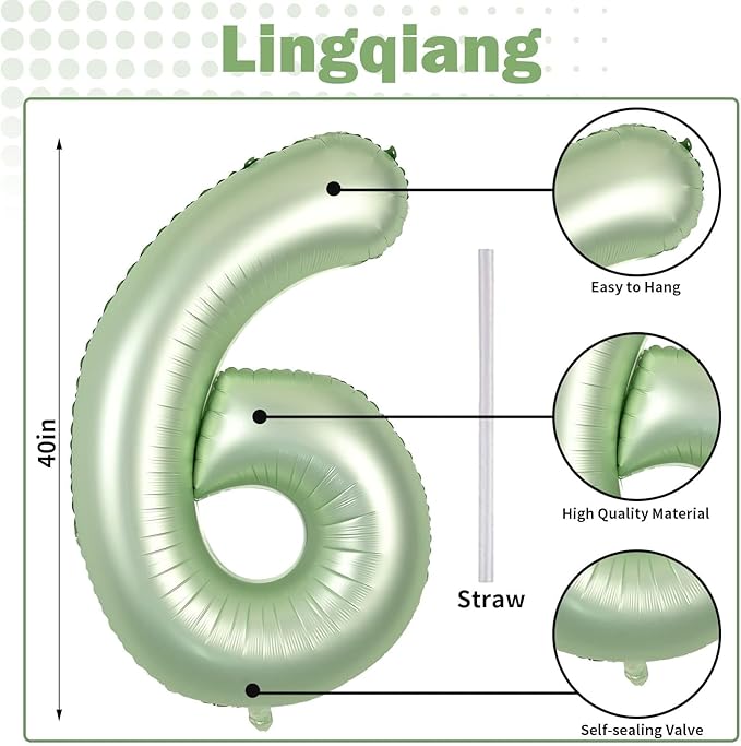 Sage Green Number 6 Balloons, 40 In Large Olive Green Number 6 Foil Helium Balloons for Girls Women, Self Inflating Number Balloons 0-9 for Men Boys 6th 16th Birthday Jungle Safari Party Decoration