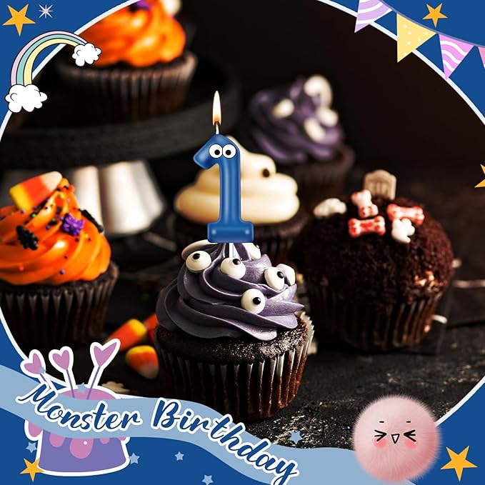 MTLEE Number Birthday Candle Monster Theme Candles Cookies Cake Topper for Girl Boy Cartoon Birthday Party Cake Decorations Supplies(Blue A,Number 1)