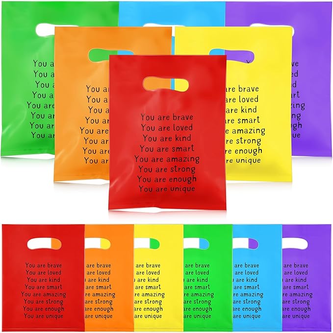 Coume 50 Sets End of Year Gifts Bags for Students 6 Colors Inspiration Quotes Plastic Party Favors Treat Bags with Handles Birthday Party Favors, 6" x 8"