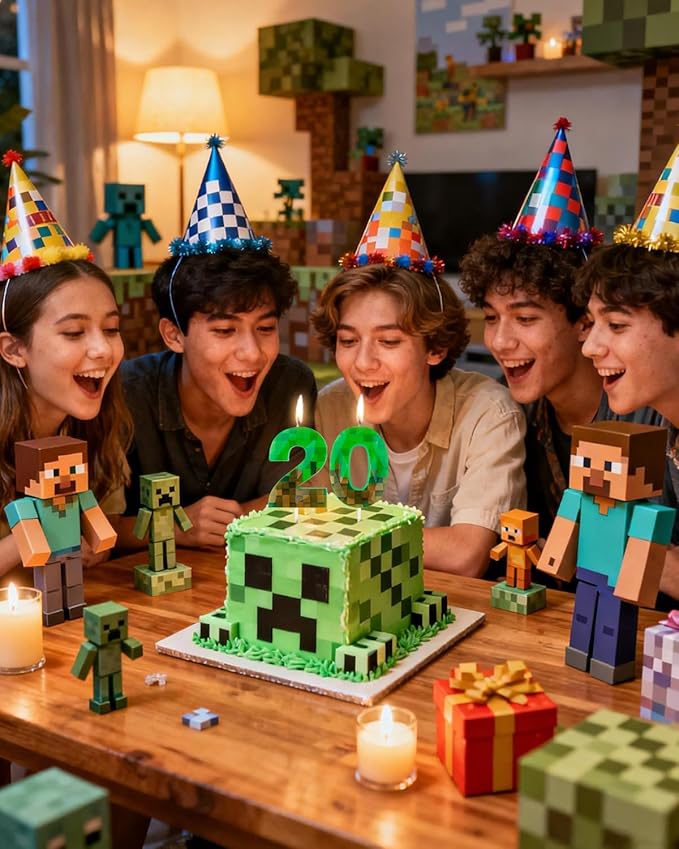 Pixel Birthday Candle, 2.68 Inch Miner Number Candles, Game Themed Candle Birthday Decoration for Pixel Theme Birthday Anniversary Dynamite Video Game Party (Green, 20)