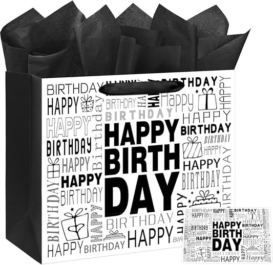 Laidans 16.5" Extra Large Black and White Happy Birthday Gift Bag with Tissue Paper and Card for Men Women Birthday
