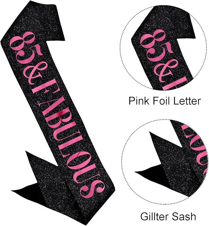 85 & Fabulous Sash, Funny 85th Birthday Sash for Women 85th Bday Party Photo Prop Favors Suppiles, Pink Foil Letter, Glitter Black