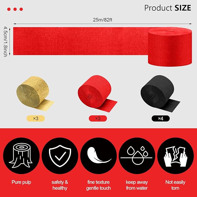 Kisston 10 Rolls Crepe Paper Streamers 820 Ft, Red Gold Black Crepe Paper Decorations for Wedding Ceremony Birthday Party