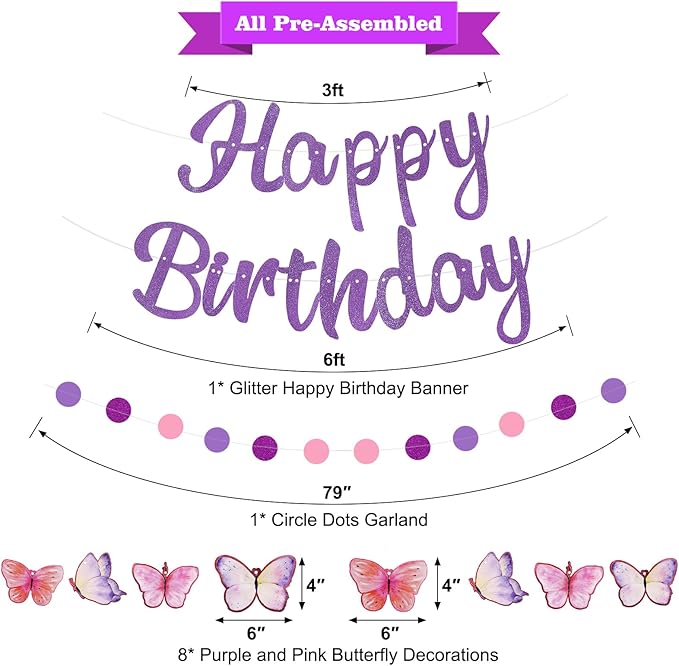 Pre-Strung Happy Birthday Banner, NO DIY Birthday Decorations with Circle Dot Garland and Butterflies, Happy Birthday Party Decorations for Women Girls (Purple)