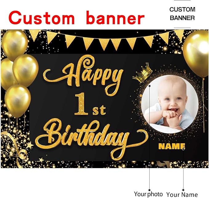 Custom Happy 1st Birthday Decorations Banner -1 Years Old Backdrop forwomenmen Boys Girls - Personalization Party Supplies Black and Gold, 4x6ft/5x7.5ft/6x9ft/7x10.5ft/8x12ft