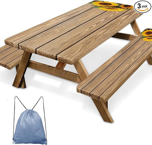 Sunflower Wooden Picnic Table Cover with Bench Covers, Rustic Summer Floral Farmhouse Outdoor Camping Essentials 6FT 3PCS Fitted Rectangle RV Must Haves Tablecloth with Drawstring Bag