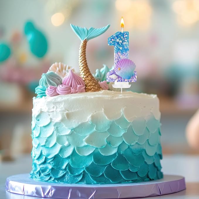 Blue and Purple Birthday Candles, 1th Birthday Cake Decoration, Cupcake Candles，Suitable for Mermaid Theme Party Cake Decoration (1)