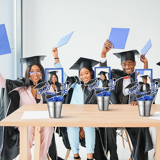 Foilswirl 6 Set 2026 Graduation Table Centerpieces Photo Table Toppers with Small Galvanized Buckets and Shredded Paper Filler for Class of 2026 Graduation Party Decoration(Blue)