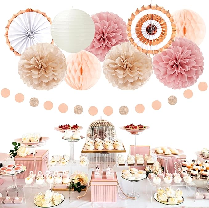 Pink Champagne-Beige Rose-Gold Boho Party-Decorations - 14Pcs Women Girls Birthday Streamers Lanterns Honeycomb Fan,Tissue Pom Poms,Fall Baby Bridal Shower Wedding Backdrop Classroom Decor Ouruola