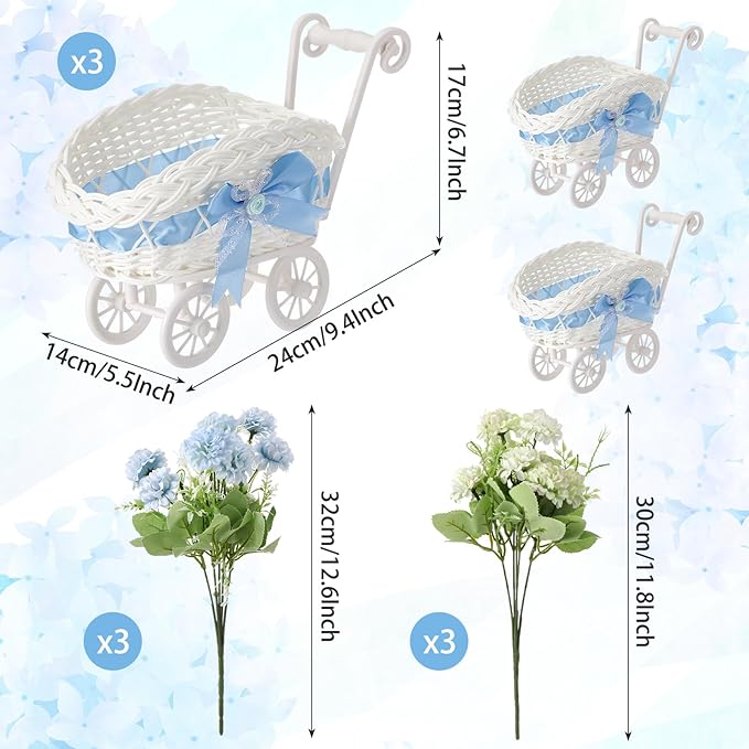 3 Pack Rattan Baby Carriage Floral Arrangement with Bouquet Baby Shower Table Centerpiece Stroller for Guests Gender Reveal Wedding Party Favor Gift and Souvenir(Blue)