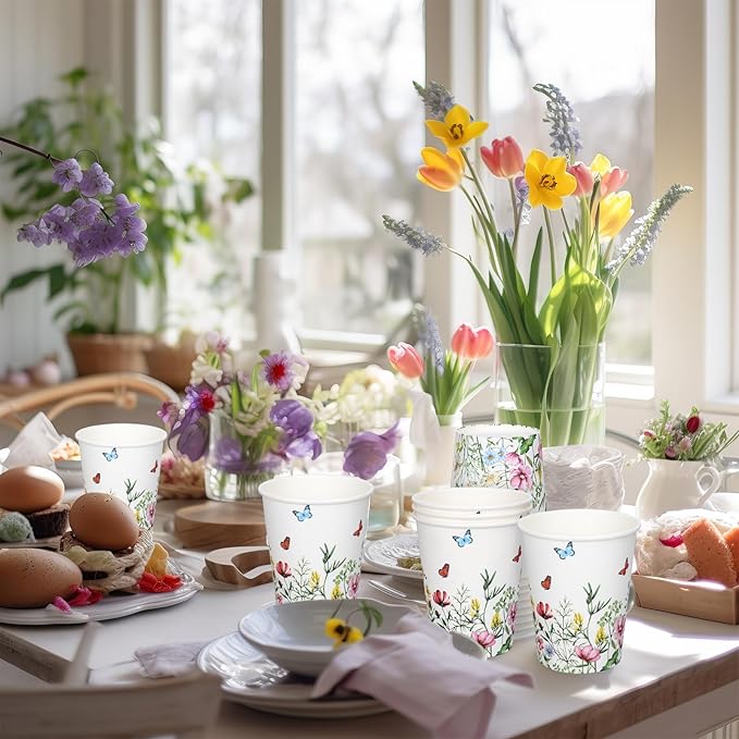 FYSUIMU 50Pcs Wildflower Paper Cup 9 Oz Disposable Coffee Cups Floral Party Cups for Spring Wedding Bridal Baby Shower Birthday Party Supplies
