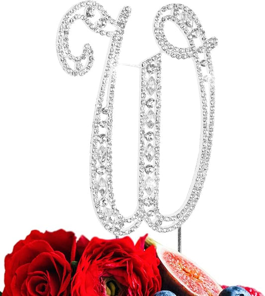 LINGPAR Letter W Cake Topper Rhinestone Crystal Silver Letter for Wedding or Anniversary Birthday Party Decoration Supplies