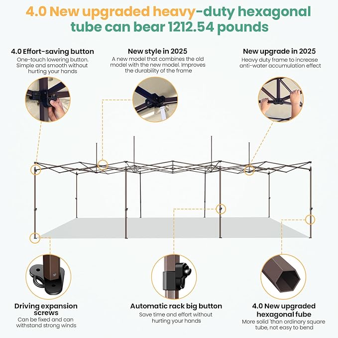 COBIZI 10x30 Pop Up Heavy Duty Canopy with 8 Sidewalls and Hexagonal Legs, Easy up Tent for Party, Wedding and Commercial, Outdoor Canopy with Carry Bag, Waterproof & UPF50+ (Khaki)
