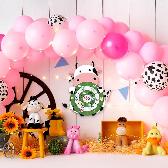HyDren Cow Dart Party Game Farm Dart Party Favors 31x24 Cow Dart Board with 12 Sticky Balls Toys Farm Game Party Decorations Animal Birthday Party Gift for Indoor Outdoor Game