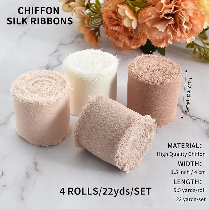 TONIFUL 4 Rolls Silk Chiffon Ribbon, 1-1/2 Inch x 22yds, Beige and Cream Chiffon Ribbons Set, Handmade Fringe Silk Ribbon for Gift Wrapping Bridal Bouquets Wedding Invitations Decoration Crafts