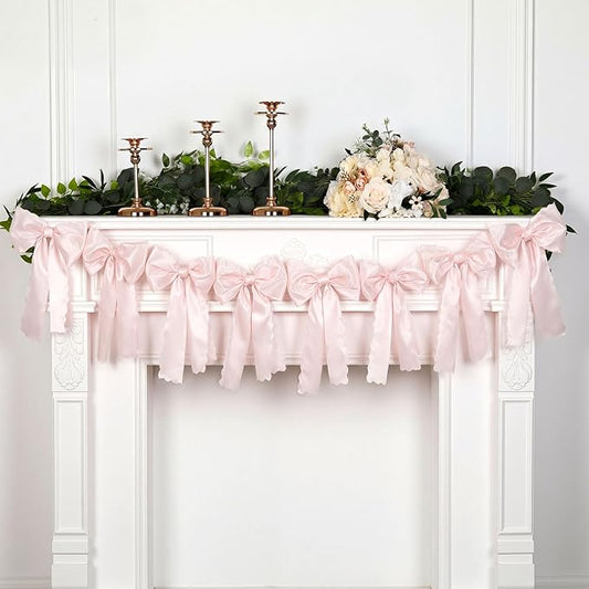 VitalCozy Light Pink Bow Garland Decor for Coquette Party Decorations, Pre-Strung Satin Ribbon Birthday Party Garland Bow Banner for Bridal Shower Bachelorette Wedding Birthday Engagement Supplies