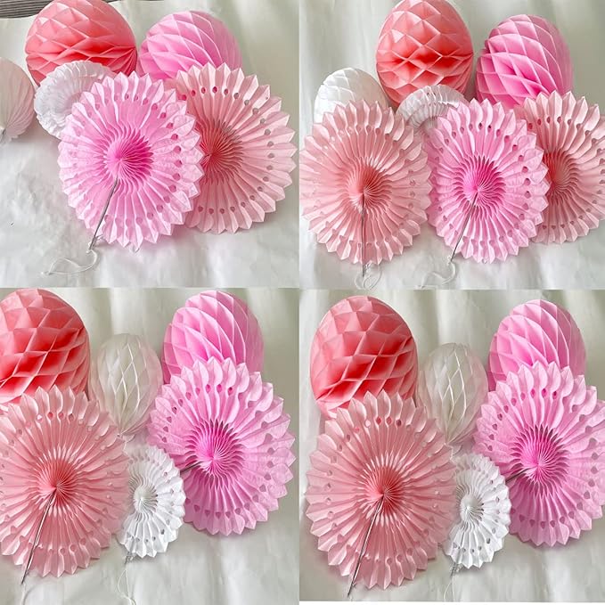 12pcs 6'' 8'' Honeycomb Balls Tissue Paper Fans Party Honeycomb Ball Fans Decorations Tissue Pom Poms Flower Balls Hanging Paper Fans for Party Baby Shower Birthday Wedding Nursery(White Pink kit)
