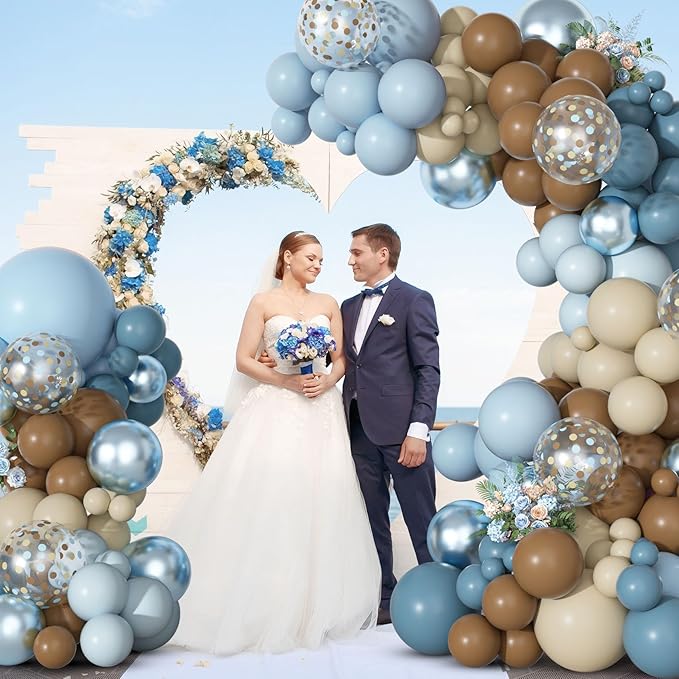 Ouddy Party Dusty Blue Brown Balloons Garland Arch Kit, Different Sizes 18 12 10 5 Inch Pastel Blue Tan Coffee Sand White Nude Latex Confetti Balloon for Bear Baby Shower Birthday Party Decorations
