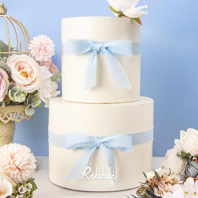 Ribbli 3 Rolls Light Blue Ribbon 1 Inch x 18 Yards Handmade Cotton Frayed Fringe Ribbons for Gift Wrapping Wedding Invites Bridal Bouquets Baby Shower DIY Crafts Home Decor
