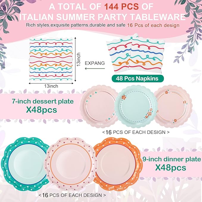 144 Pcs 48 Guests Italian Summer Party Plates and Napkins Italian Summer Paper Plates Napkins Last Toast Coast Disposable Tableware for Bachelorette Baby Bridal Shower Tea Party Supplies