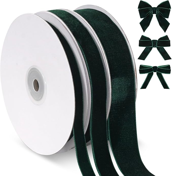 Vintage Dark Green Velvet Ribbon Set, Thin Velvet Ribbon for Gift Wrapping, 3 Rolls Skinny Christmas Ribbons for Christmas Tree Bow Ornaments, Holiday Decor, 3/8,5/8,1 inch Wide, 30 Yards Total